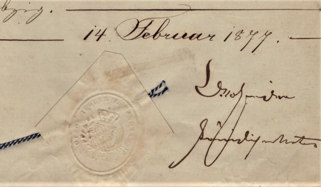 Urkunde zur Vertragsunterzeichnung 1877