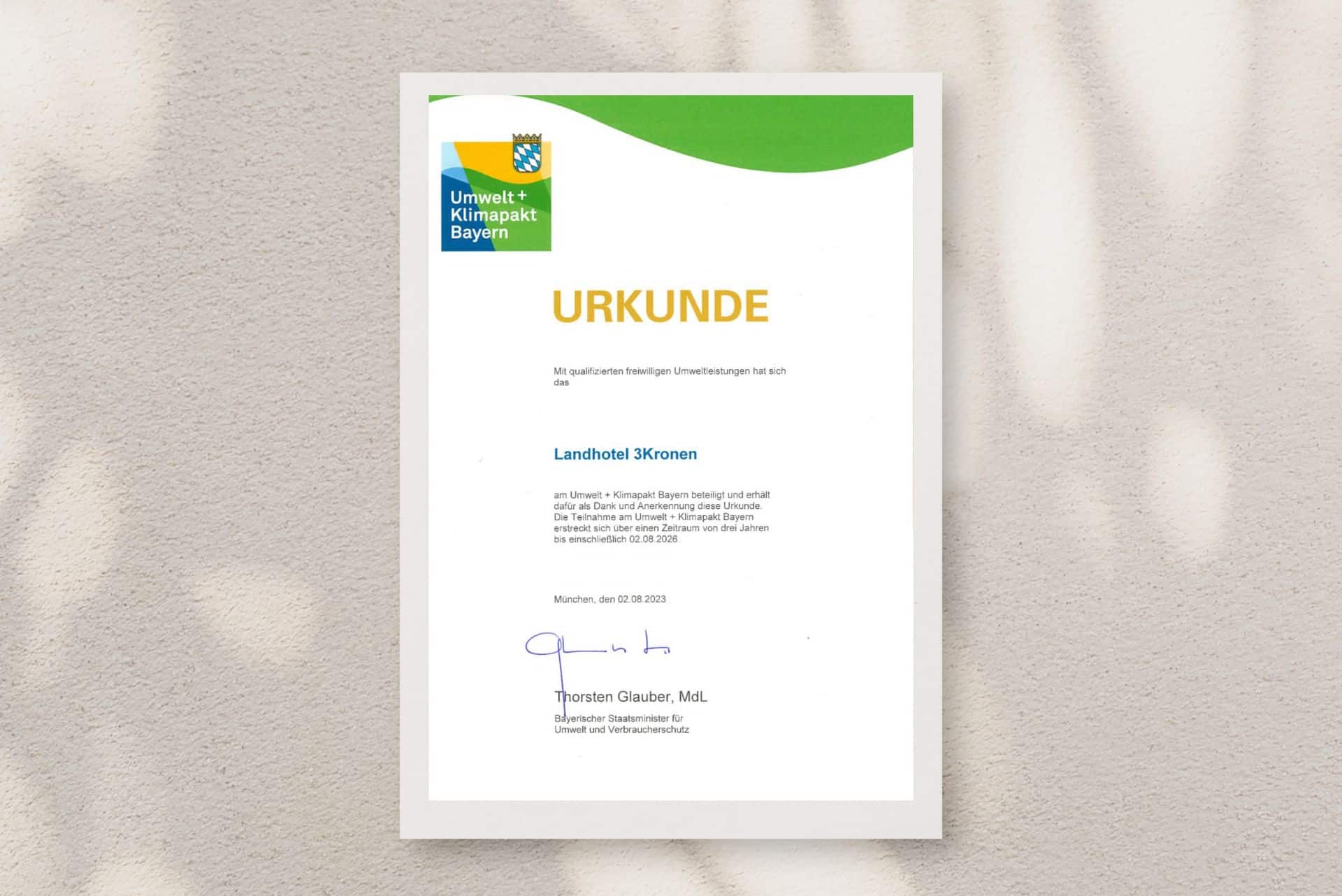 Urkunde zum Umwelt und Klimapakt in Bayern