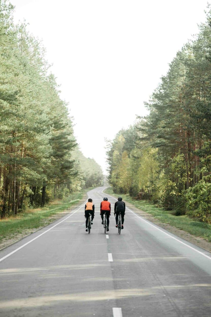 Drei Fahrradfahrer unterwegs im Wald